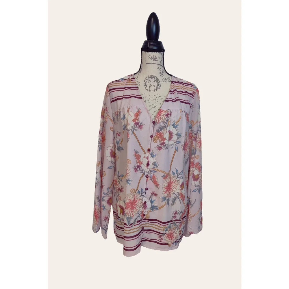 Suzanne Betro Women Floral Sheer Long Sleeve Blouse Tunic‎ Flowy Pink Plus Sz 1X